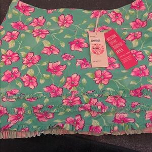 Aryeh Teal Floral Ruffled Mini Skirt with Pink Flowers